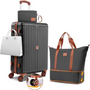 Hoteel 3 Piece Luggage Set ABS+PC Hardshell, Spinner Wheels, TSA Lock, 20" Suitcase with Travel Duffel and Travel Organizer, Black