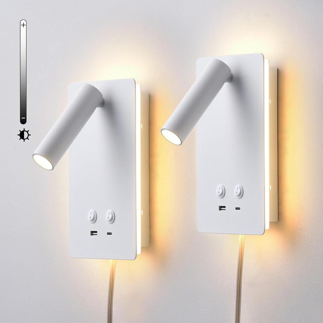 Dimmable Wall Mounted Reading Light for Bed, LED Wall Lamps with USB C+A Ports, Hardwire & Plug in 2 in 1 Wall Sconces with Switch, Eye-Caring Bed Side Lamp with 9W+3W Backlight 3000K (2 pack)