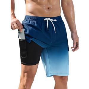 SILKWORLD Men's Swim Trunks with Compression Liner Quick Dry Bathing Suits 9 Inch Swimming Shorts with Cargo Pockets XL