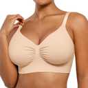 SHAPELLX Wireless Comfy Bra for Women Seamless Bra Non Padded Soft Bralette V Neck Everyday Bras with 4 Rows of Hooks, Large, Nude