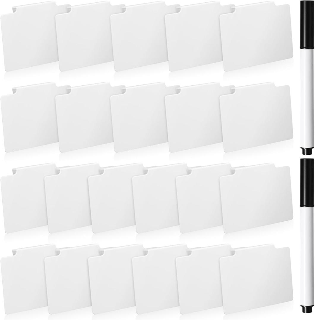 Chinco 24 Pcs Basket Label Clips Set Include 30 Removable Kitchen Clip Label Holder PVC Storage Bin with 2 Chalk Markers for Basket Kitchen Pantry Organization (White Clip,Black Pen)