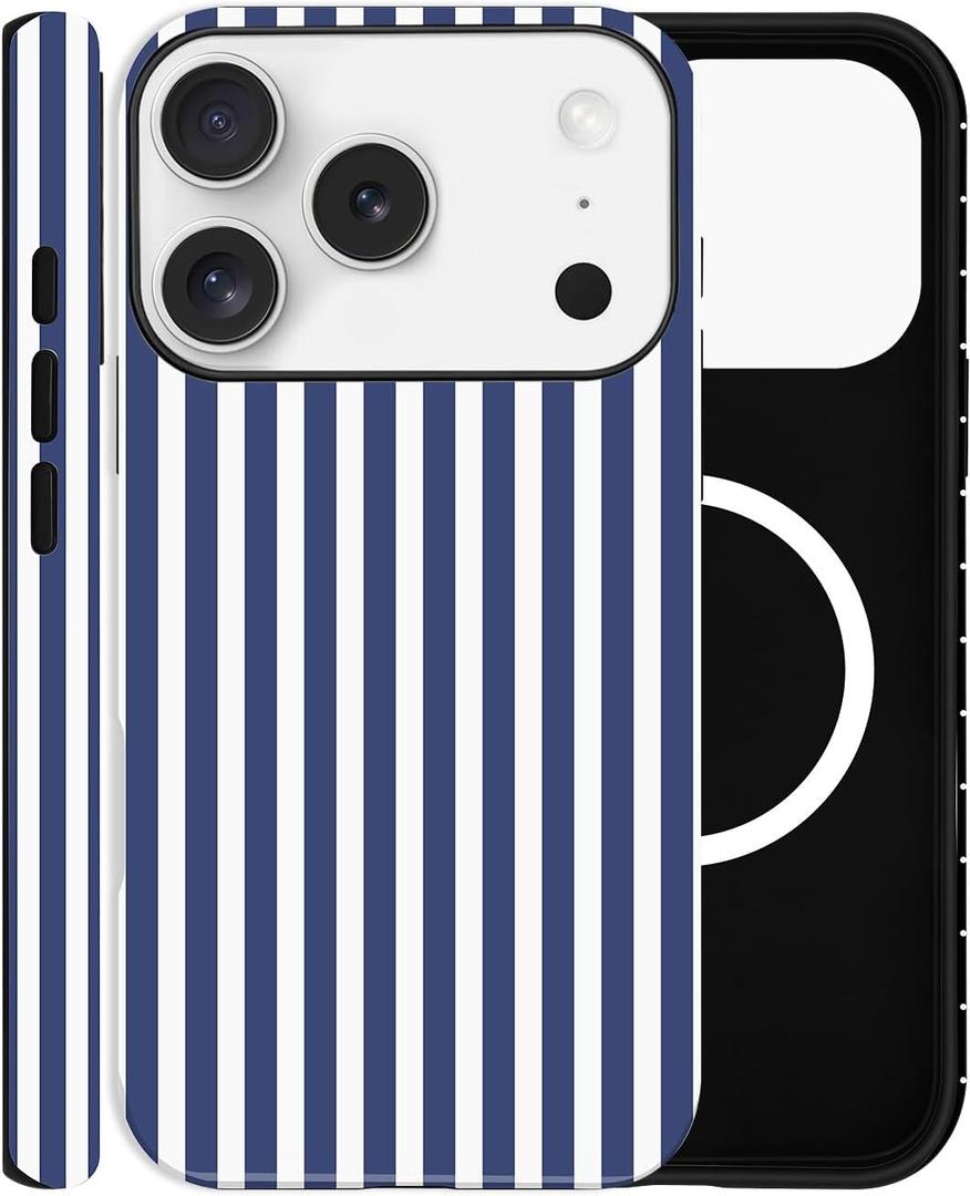 Magnetic Case for iPhone 17 Pro Max, Compatible with MagSafe, Aesthetic Striped Cute Design for Women, Hybrid 2-Layer Hard Shell Phone Cover, Deep Blue