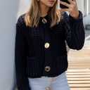 FindThy Womens Cropped Knit Cardigan Long Sleeve Crewneck Button Down Fall Sweater with Pockets (Blue)