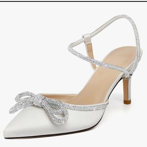 Aachcol Womens Close Toe Rhinestone Bow Kitten Heels Pointed Toe Low Heel Bow Pumps Adjustable Ankle Strap Bridal Prom Wedding Dress Shoes 42