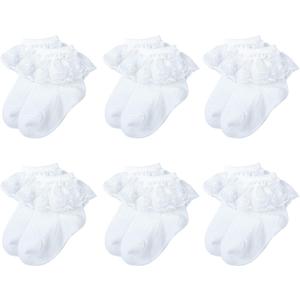 6 Pairs Baby Girls Socks - Newborn Ruffle Lace Princess Frilly Knit Cotton Socks White 0901 0-6 Month