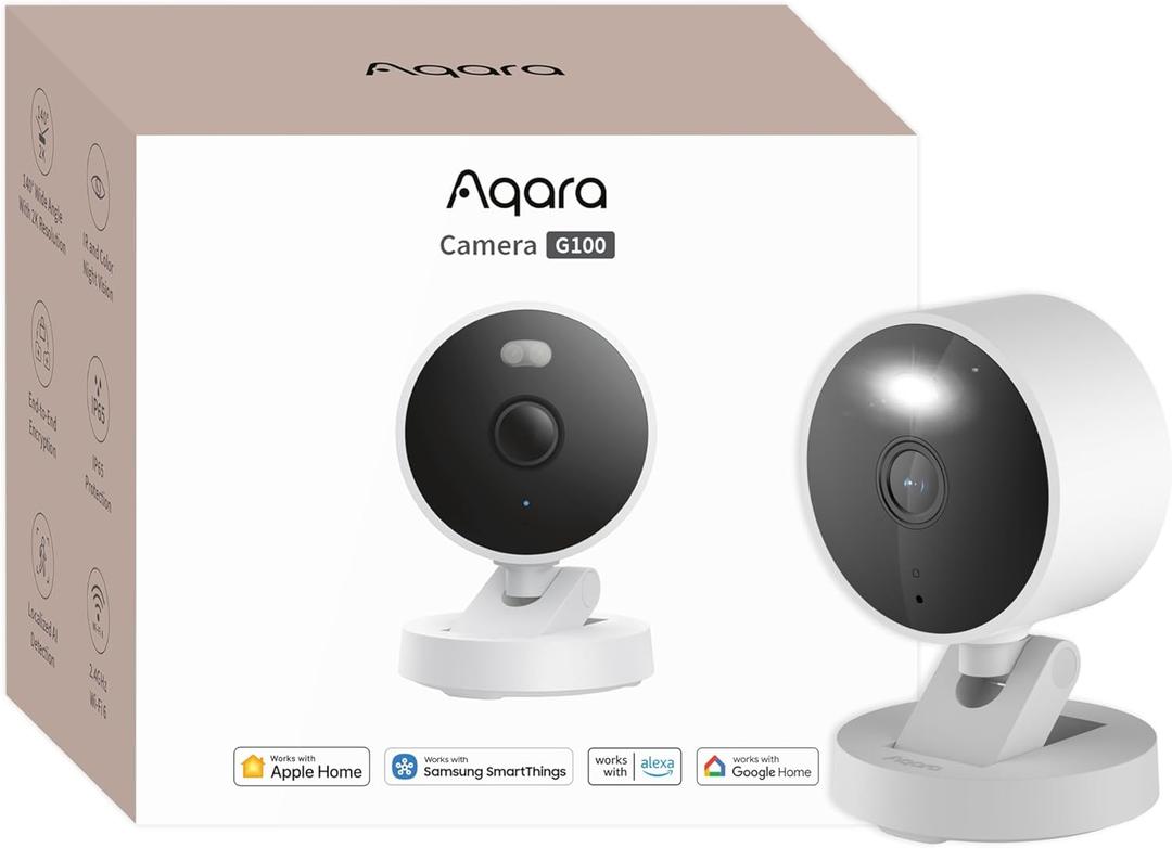 Aqara G100, 2K Indoor/Outdoor Security Camera, HomeKit Secure Video, 2-Way Audio, Spotlight Color/IR Night Vision, AI Detection, 140 FOV, Wi-Fi 6, Supports HomeKit, Alexa, Google and IFTTT, White