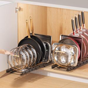 Pots and Pans Organizer under Cabinet, 2 Pack Pull out Pan Organizers inside Cabinet for Kitchen Cabinet Organizers and Storage with Adjustable Dividers and Handled Divider