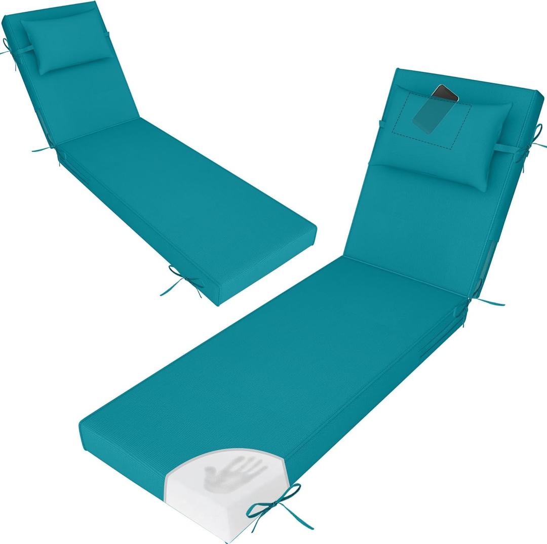 2 Pcs Oversized Lounge Chair Cushions for Outside, 80" Lx26 W, Replacement Outdoor Chaise Cushions with Ties, Zipper, Waterproof Lounge Chair Pads for Patio Pool Furniture, Teal