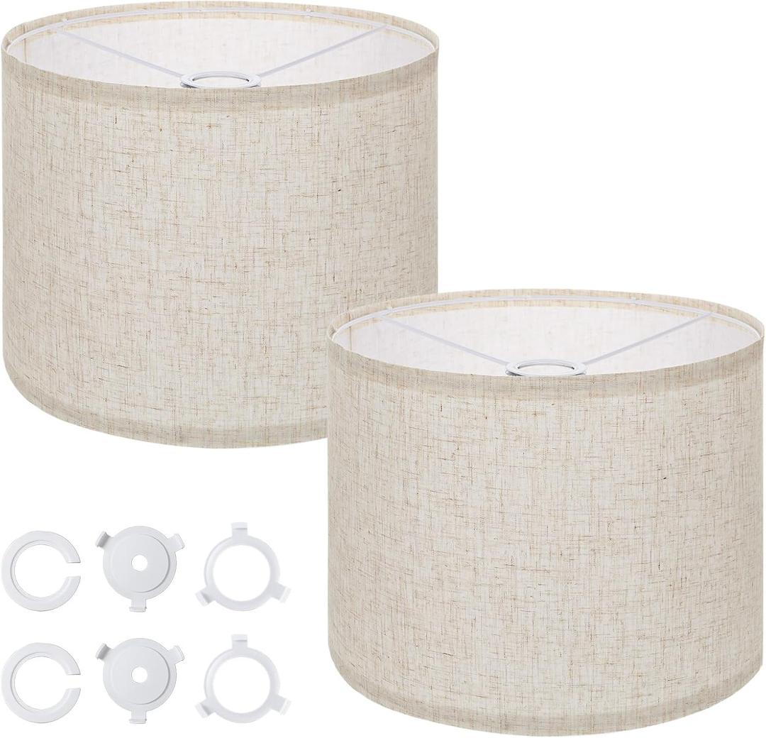 2 Pack Large Drum Lampshade  13" x 13" x 10" Beige Linen Lamp Shades for Table & Floor Lamps  Easy Assembly Spider Fitter Replacement Shade Set