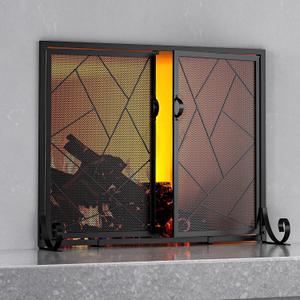 Fire Beauty Fireplace Screen with Hinged Doors Cast Iron Border Sturdy Steel Frame Durable Metal Mesh Decorative Spark Guard Black Finish(Large)
