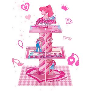 3 x Pink Girl Cupcake Stand Princess Doll Birthday Party Supplies for Pink Girls Birthday Cupcake Decoration Girls Doll Party 3 Tier Dessert Table Displays