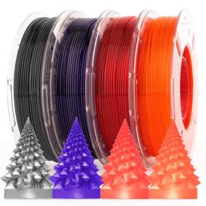 AMOLEN Rapid PETG Transparent 3D Printer Filament 1.75mm Transcucent +/-0.02mm,500mm/s High Speed Strong Toughness Christmas Multicolor Bundle Black/Purple/Red/Orange 250gx4