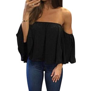 Bluetime Women Summer Off Shoulder Chiffon Blouse Ruffles Short Sleeves Tops Casual T Shirt (Small, Black)