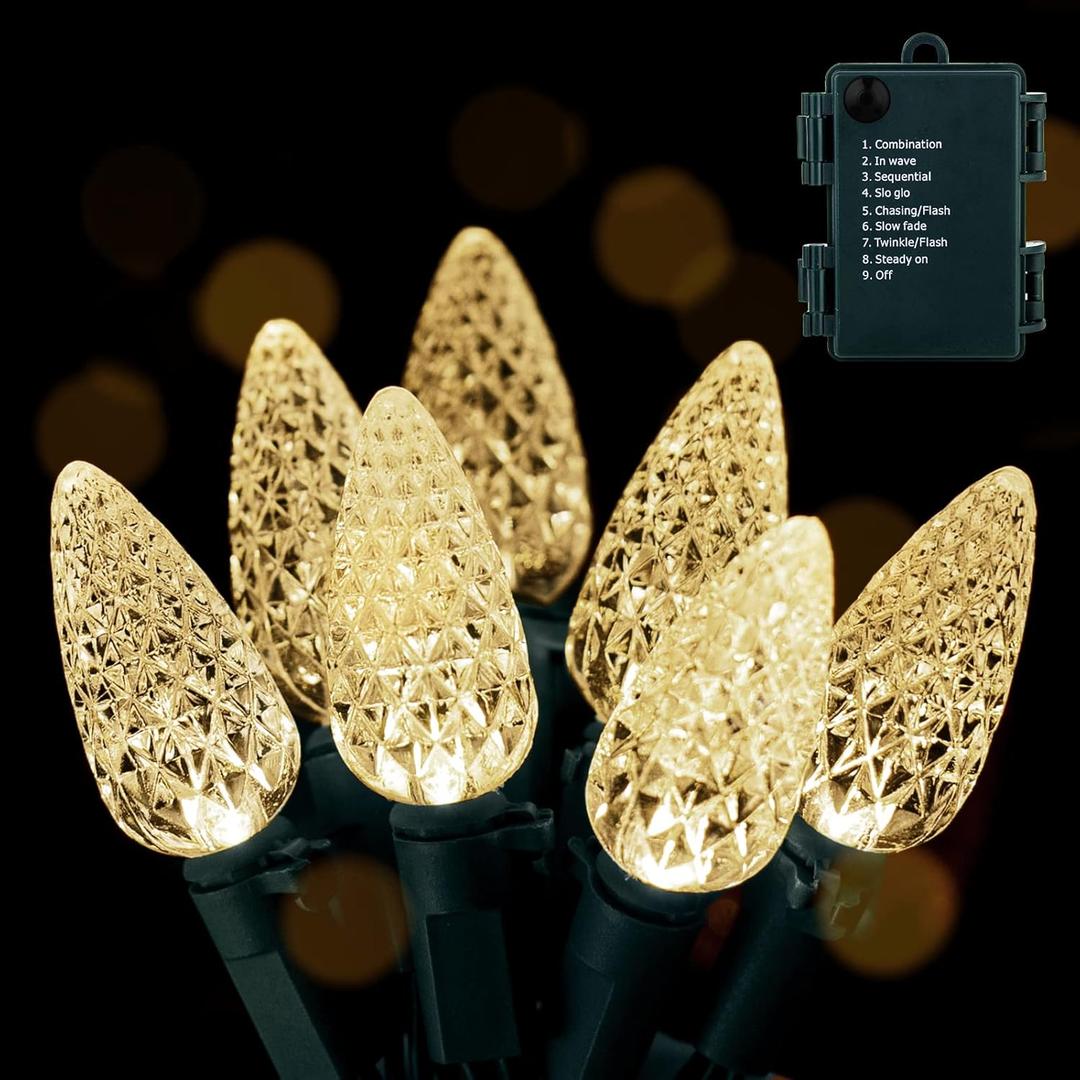 2PC C6 Led Christmas String Lights, 60 Led 20FT Battery Operated Strawberry Lights, Waterproof 8 Lighting Modes Fairy Lights for Indoor Outdoor Patio Garden Party X-mas Decoration(Warm White)