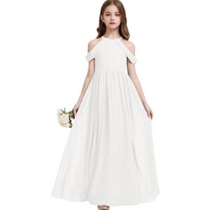 Girls A-Line Maxi Dress Junior Bridesmaid Flower Girl Dresses Girl Off-Shoulder Chiffon Dress for Wedding Pageant, 
(13-14Y White)