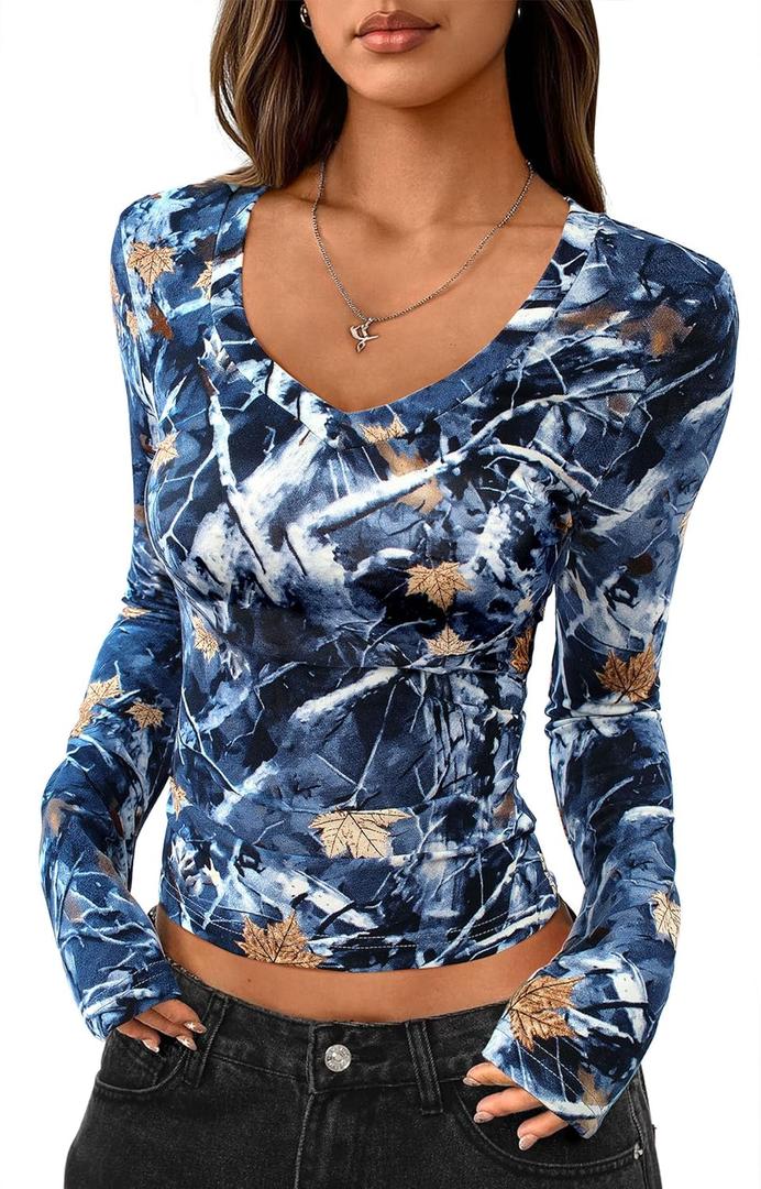 PRETTYGARDEN Women's Long Sleeve T Shirts 2025 Fall Trendy Deep V Neck Slim Fit Basic Crop Tops Casual Going Out Top (X-Large, Dark Blue Floral)