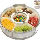 Snackle Box Container Divided Rotating Serving Tray with Lid and Handle, Portable for Fruits Snacks Veggie Charcuterie, Clear Snack Spinner Organizer and Fridge Storage Container for Trave and Picnic