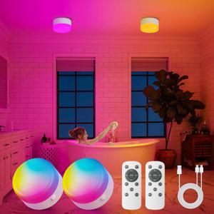 Rechargeable Shower Light with Silicone Cover, 4000mAh, RGBW, Cordless Waterproof LED Shower Lights for Inside Shower, Remote Control & Magnetic Mount, Shower Lamp for Bathroom Closet Bedroom, 2 Pack