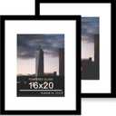 16x20 Poster Frame Set of 2, 16 x 20 Wood Picture Frames with Mat for 11x14, Wooden Photo Frame with Tempered Glass Cover for Wall Mounting Display, Black
