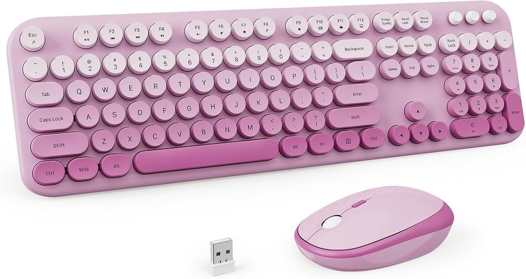 Wireless Keyboard and Mouse Combo, 2.4GHZ Typewriter Retro Full Size Keyboards, Cute Colorful Computer Keyboard and Wireless Mouse for Laptop/Desktop/Windows/PC (Pink Gradient)