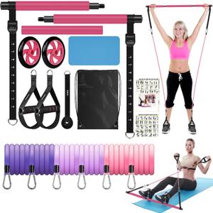 Pilates Bar Kit with Resistance Bands, Olodeer Pilates Reformer Exercise Bar with Ab Roller at Home Workout Equipment, Pilates Bar Set for Full Body Training Women & Men