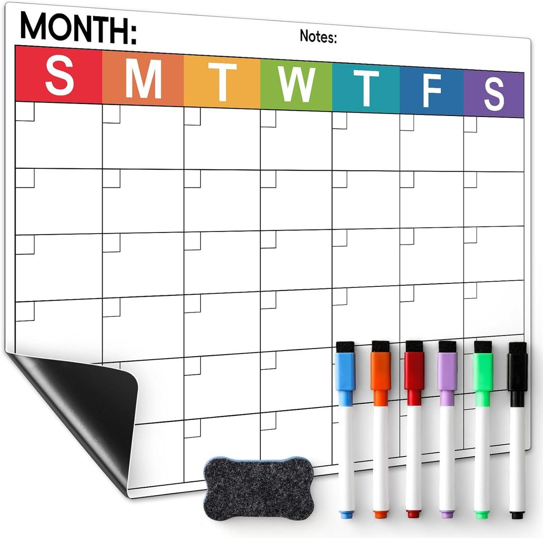 Dry Erase Magnetic Calendar for Refrigerator - Monthly Planner Magnet Whiteboard for Fridge Wall Door - Shopping, Meal/Menu, to Do List, Family Schedule Planning Board with 6 Markers - Colorful