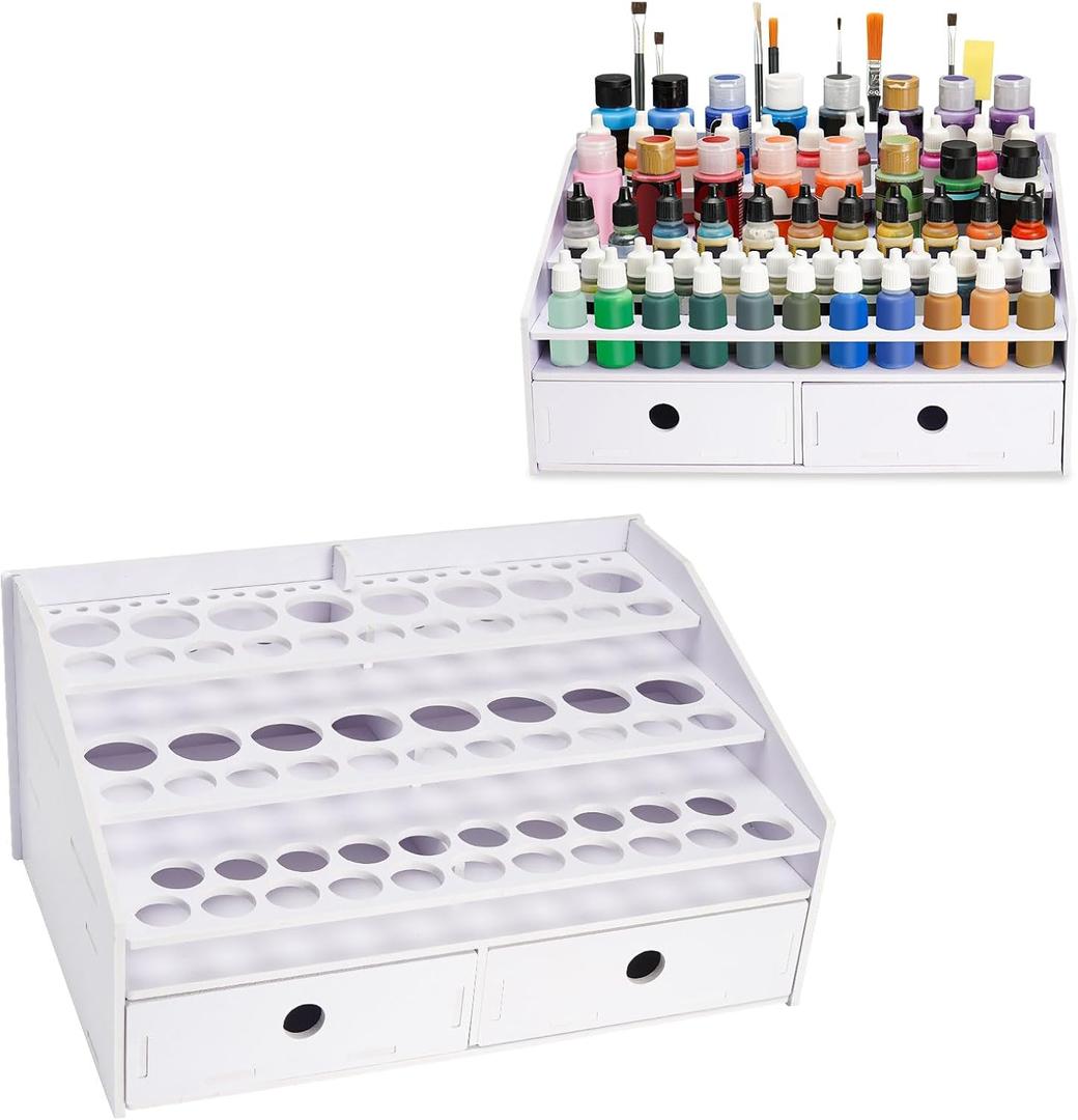 Miniatures Paint & Paintbrush Storage Organizer Rack, Craft Paints Holder with Drawer, 43 Holes for Model Paint, 16 Holes for 2 oz Paints, 22 Holes for Brush