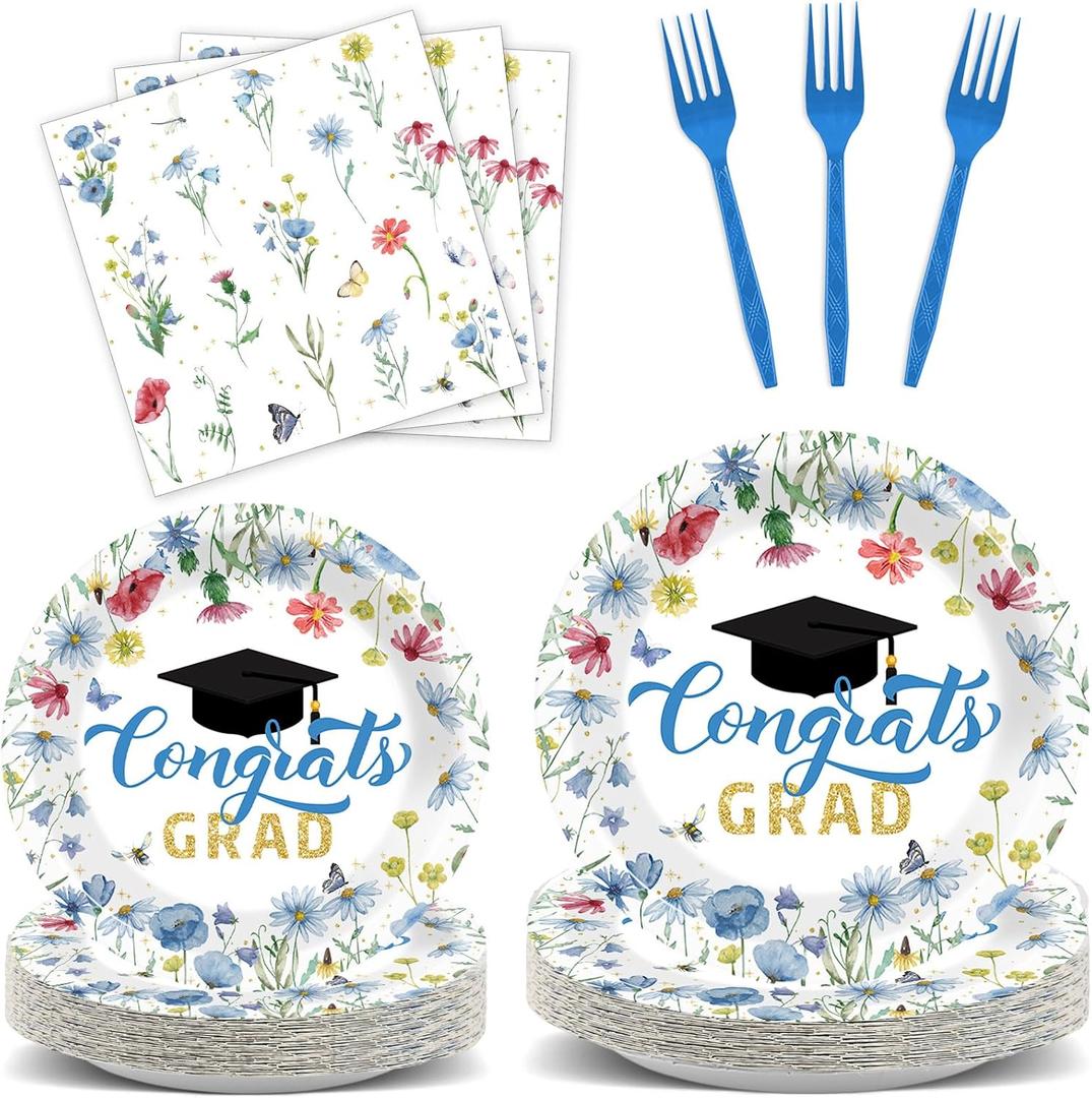 96Pcs Blue Wildflower Graduation Party Decorations 2026 Congrats Grad Floral Paper Plates Napkins Flower Class of 2026 Disposable Tableware Set for College High School Grad Party Supplies Serves 24