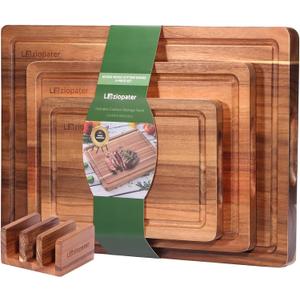 Acacia Wood Cutting Board, Solid Wood Cutting Board for Kitchen with Holder with Deep Juice Grooves & Built-in Handles, Durable Wooden Chopping Board Set of 3 for Meat, Vegetables and Fruits