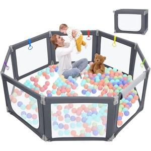 Kidirect Foldable Baby Playpen, Extra Large Playpen for Babies and Toddlers, Play Pen with Safety Gate, Corrales para Bebes, Adjustable Portable Play Yard for Babies Indoor Outdoor (Deep Grey,71"×69")