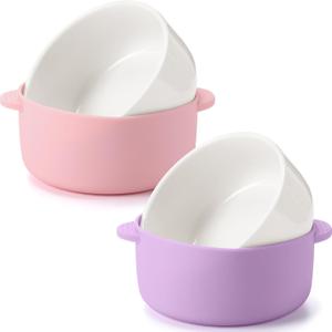 Domensi 2 Sets Kids Porcelain Bowls with Removable Silicone Sleeve 2-in-1 Porcelain Toddler Bowls Microwave Dishwasher Safe Cereal Snack Soup Dishes for Baby Children Feeding Supplies (Pink, Purple)