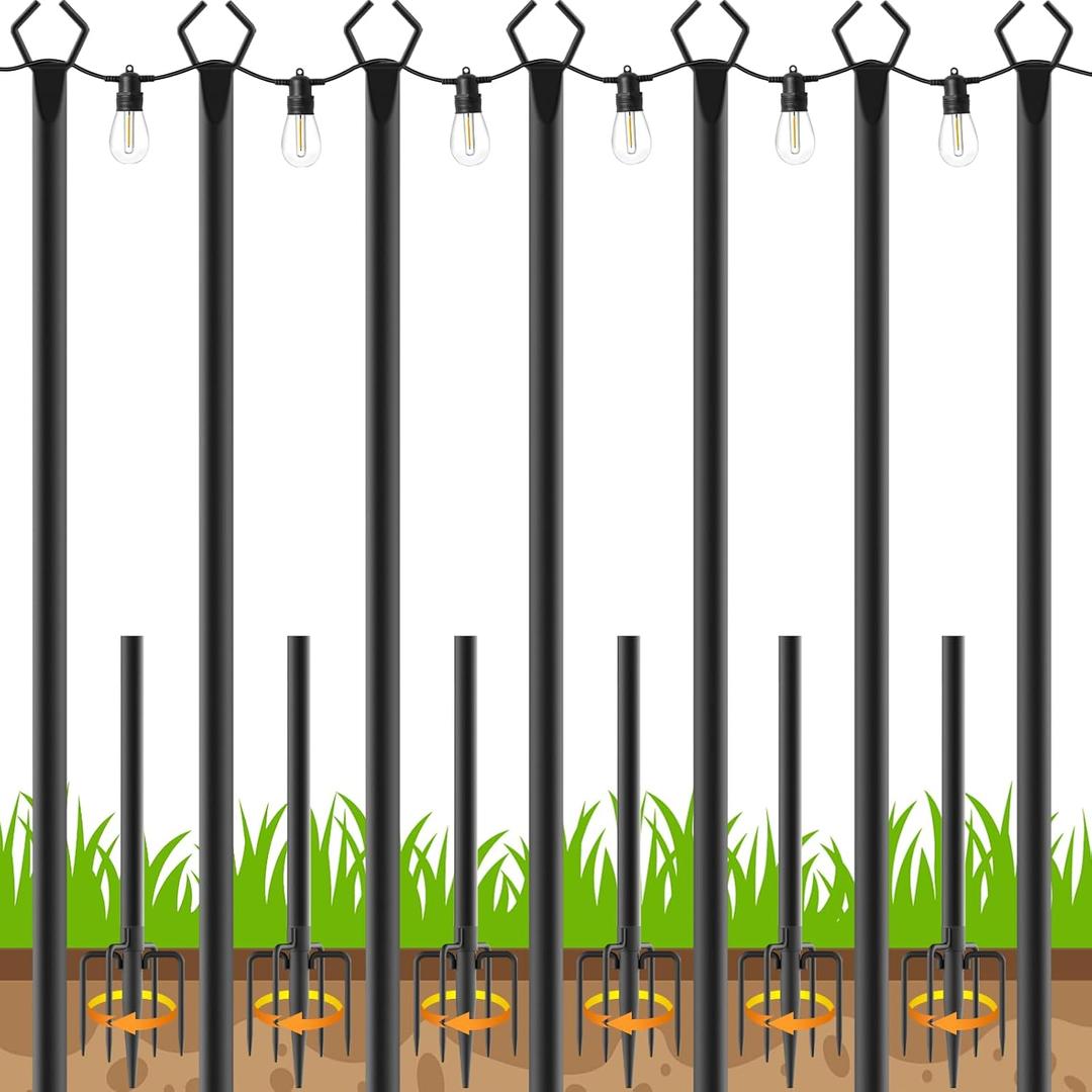 7 Pack 10 FT String Light Poles,Metal with Fork Lights Poles for Outdoor String Light, Rustproof Heavy Duty for Outside Garden,Patio,Wedding,Backyard,Deck,Party Black