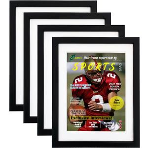 Goldfinch 4 Packs Sports Magazine Frames Displays Magazines Measuring 8.5 x 11.25 or 8.25 x 11 inches with Double White Core Matting, Deep Frame Moulding, with Installed Hangers