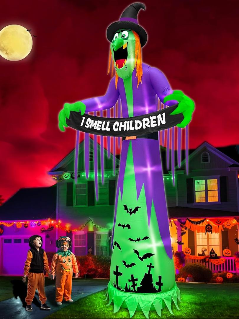 12 FT Giant Halloween Inflatables Witch Outdoor Decorations with LED Lights, Scary Witch Holds I Smell Children Banner Blow Up Halloween Decorations Outdoor Yard Garden Lawn Home with Stakes Tether