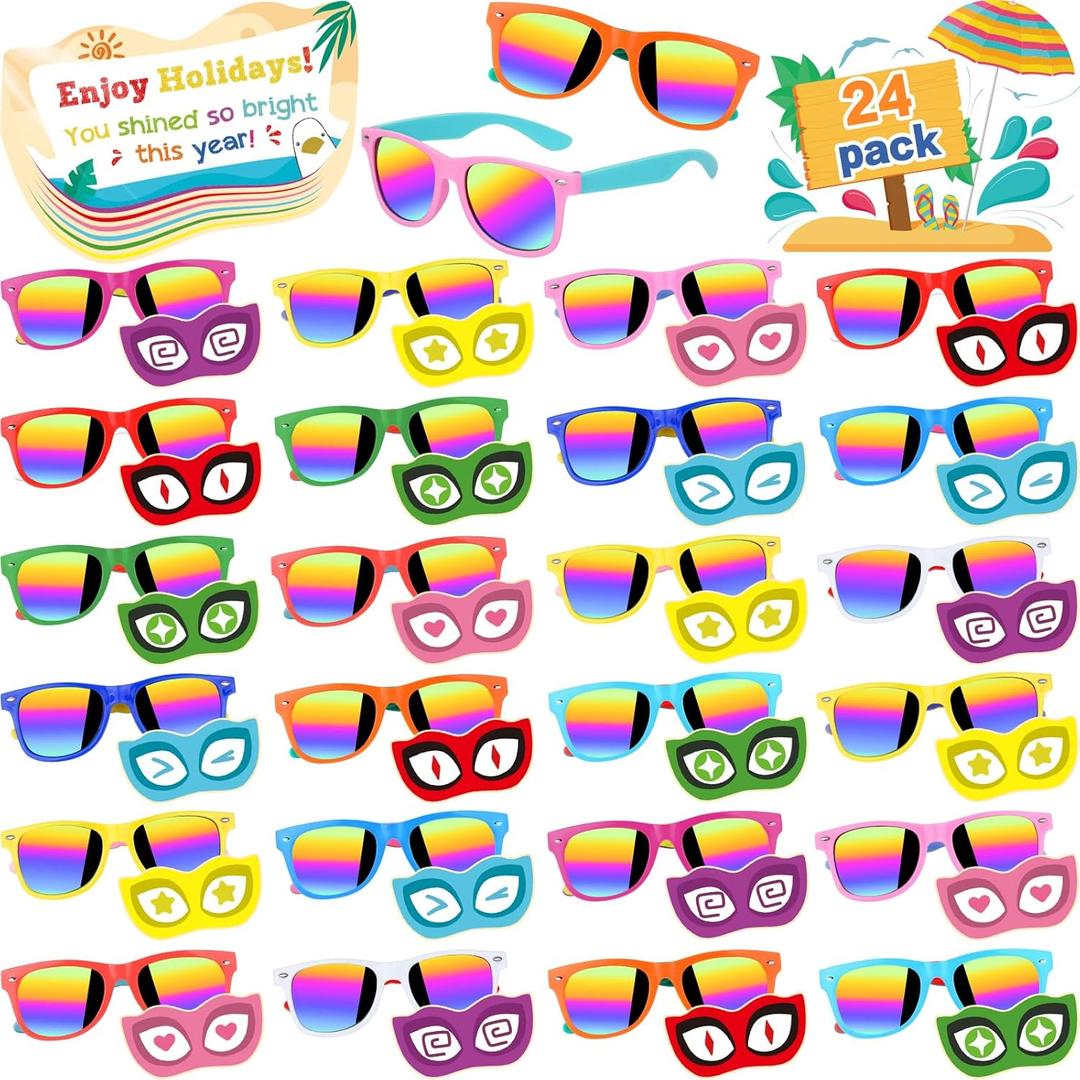 Magic4U End of the Year School Gifts, 24 Pack Kids Sunglasses Bulk Neon Party Favors with UV400 Protection, Retro Sunglasses for Boys & Girls Age 3-8
