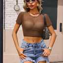 Avidlove Women's Sheer Mesh Crop Top Short Sleeve See Through T-Shirt Sexy Rave Festival Clubwear Tops （ Coffee Brown, L)