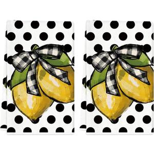 TAJWE Summer Kitchen Towels 18x26 Inch Set of 2 Lemon Dots Dish Towels Farmhouse Seasonal Decorative Hand Cloths for Kitchen Decoration White