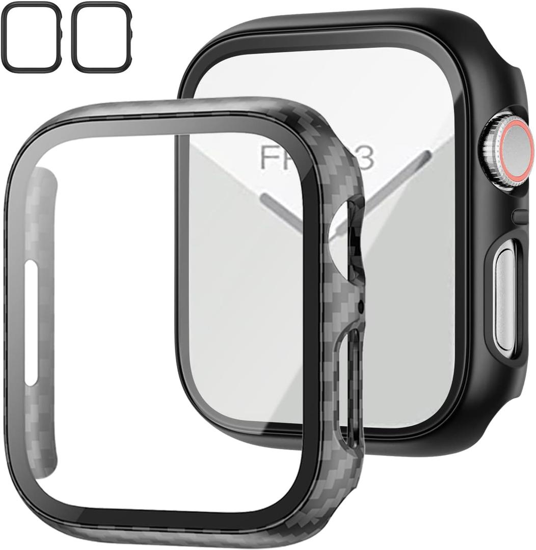 2 Pack Case with Tempered Glass Screen Protector for Apple Watch Series 3/2/1 42mm,JZK Slim Guard Bumper Full Coverage Hard PC Protective Cover HD Ultra-Thin Cover for iWatch 42mm,Carbon Fibre+Black