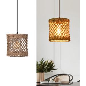 Arturesthome Boho Hand Woven Rattan Pendant Light Fixture, Mini Farmhouse Natural Chandelier Lighting, Retro Wicker Hanging Lamp for Kitchen Island D 7.8*7.8