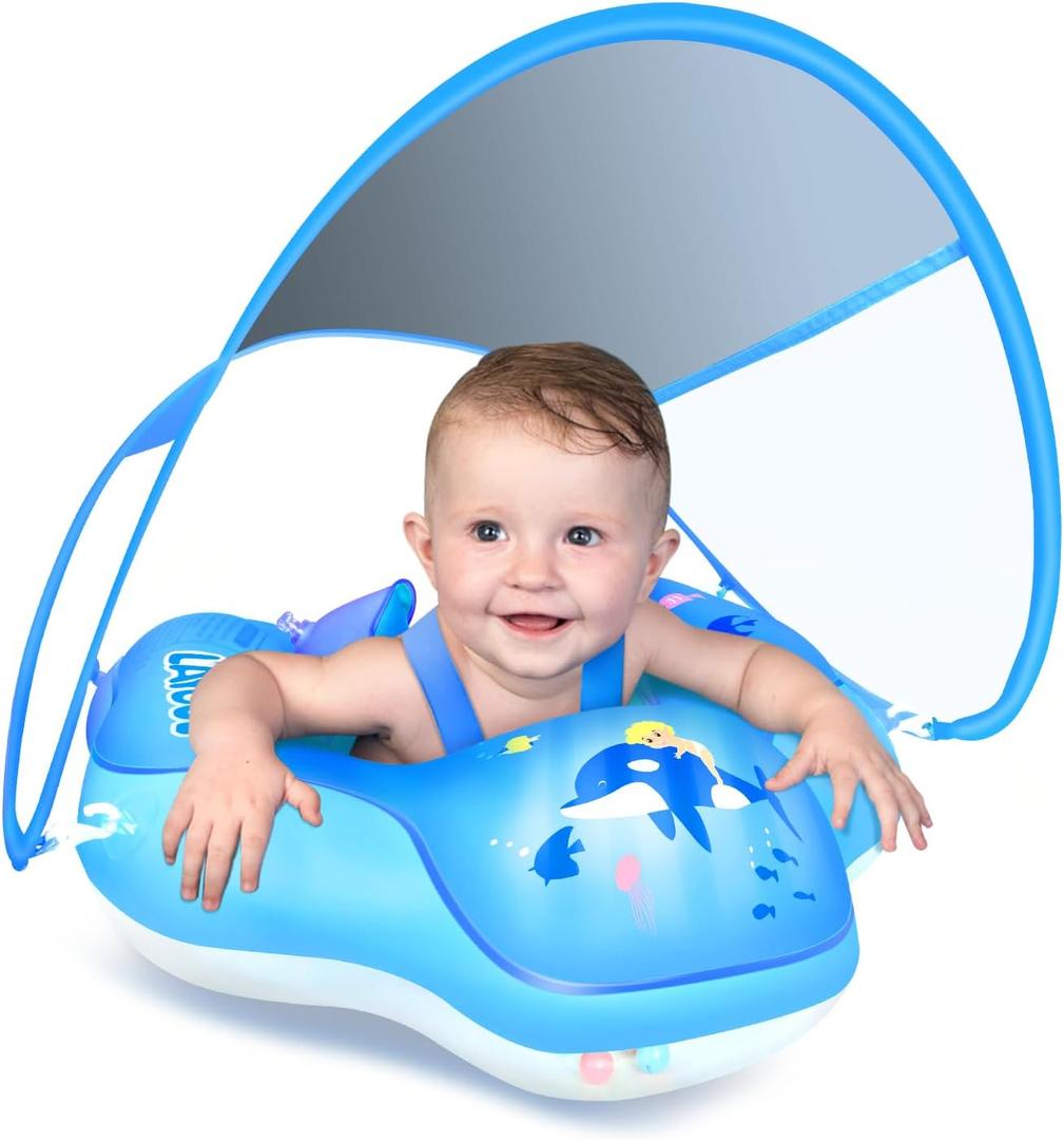 LAYCOL Baby Swimming Float Inflatable Baby Pool Float Ring with Sun Protection Canopy,add Tail no flip Over for Age of 3-36 Months (Large, deepblue)