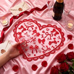 Maxdot 6 Pcs Valentines Day Placemats Lace Red Heart Placemat Valentine Lace Decorative Placemat for Anniversary Wedding Birthday Bridal Wedding Party Table Setting