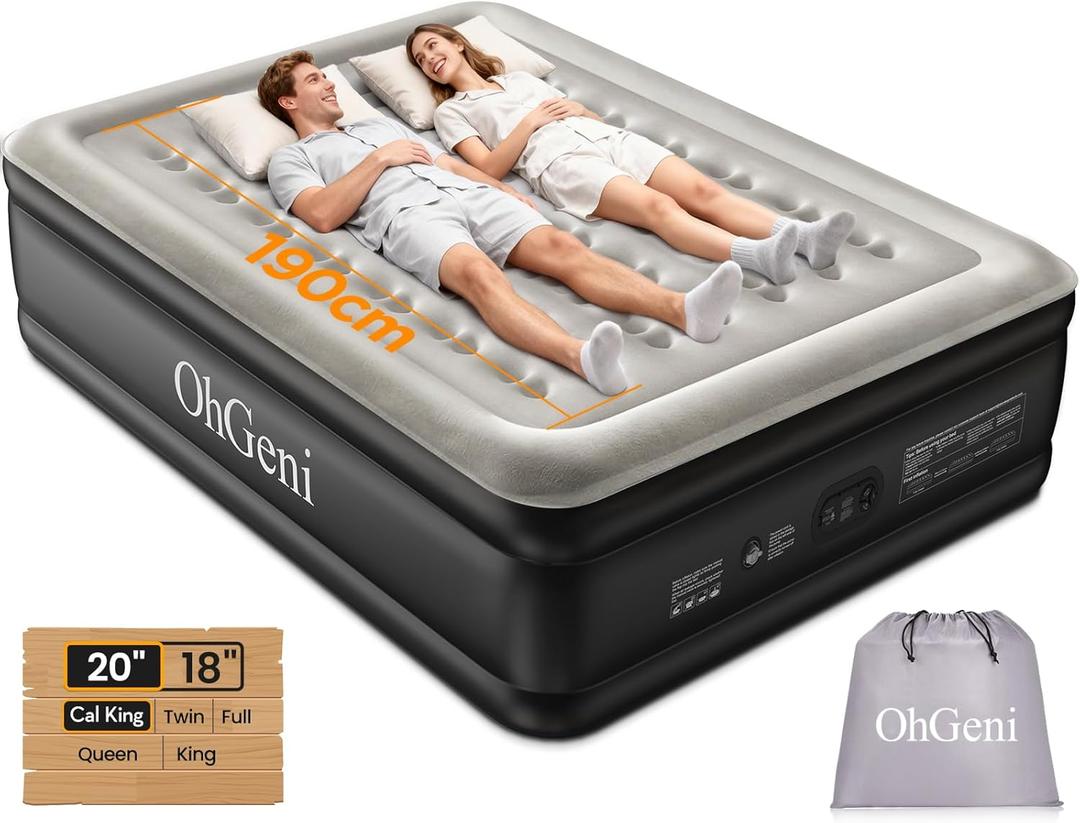 OhGeni 20" Raised Cal King Air Mattress with Built-in Pump, Keep Feet from Dangling, Extra Length Blow-up Mattress, Back-Friendly Airbed for Guests, Luxury Comfort for People(190CM Height), 700lbs