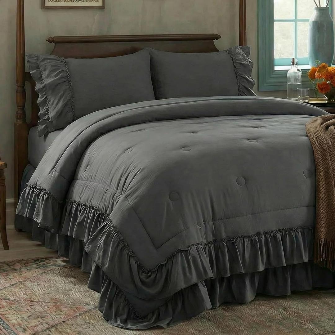 Bedding_Dreamer Dark Gray Ruffle Comforter Set Queen, 3 Pieces Shabby Chic Farmhouse Bedding, Soft Microfiber Comforter with Matching Shams, All Season