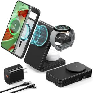 3 in 1 Magnetic Foldable Wireless Charger for Google Pixel Watch 3/2, 15W Fast Mag-Safe Charging Station Stand for Pixel 9/Pro/XL/9a/8/Pro/8a/7/Pro/7a/6/Pro and Pixel Buds Pro/2 with 18W Adapter