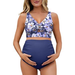 Summer Mae Twist Maternity Bikini Two Piece Pregnancy Swimsuits Cutout Bathing Suit High Waisted Ruched Swimwear (Blue, Size 14)