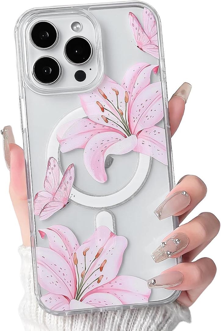 NITITOP Compatible with iPhone 16 Pro Case Clear Magnetic Compatible with MagSafe Cute Lily Flowers Floral for Women Girls Hard PC Back Shockproof Protective Phone Cover - Pink