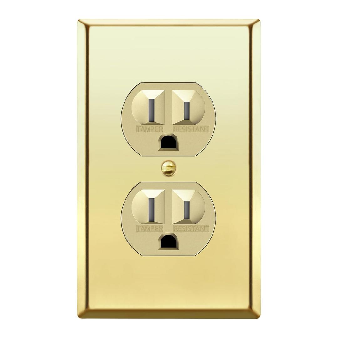 ENERLITES Elite Series Duplex Receptacle with Stainless Steel Metal Wall Plate, Tamper-Resistant Outlet, Commercial Grade, 15A 125V, UL Listed, 61580-TR-GD77PB, Gold with Polished Brass Wall Plate