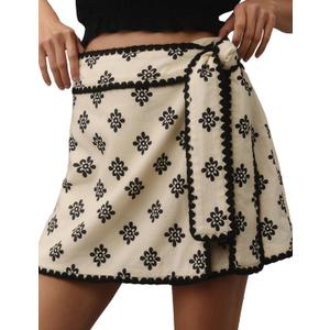 Tomosc Women Wrap Skort 2025 Casual Fall Flowy Mini Skirt Knot Side Elastic Waist Relaxed Printed Skirt with Belt (Large, Beige)