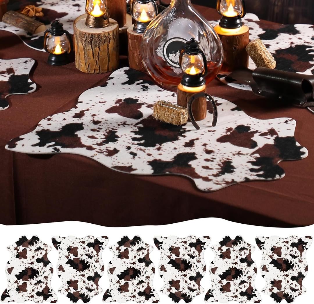 6 Pcs Faux Mini Cowhide Rug Rustic Chic Western Rugs for Decor Durable Cowhide Table Runner Faux Fur Animal Cow Carpet for Western Decor Table Centerpieces, 19.5" x 16.2"