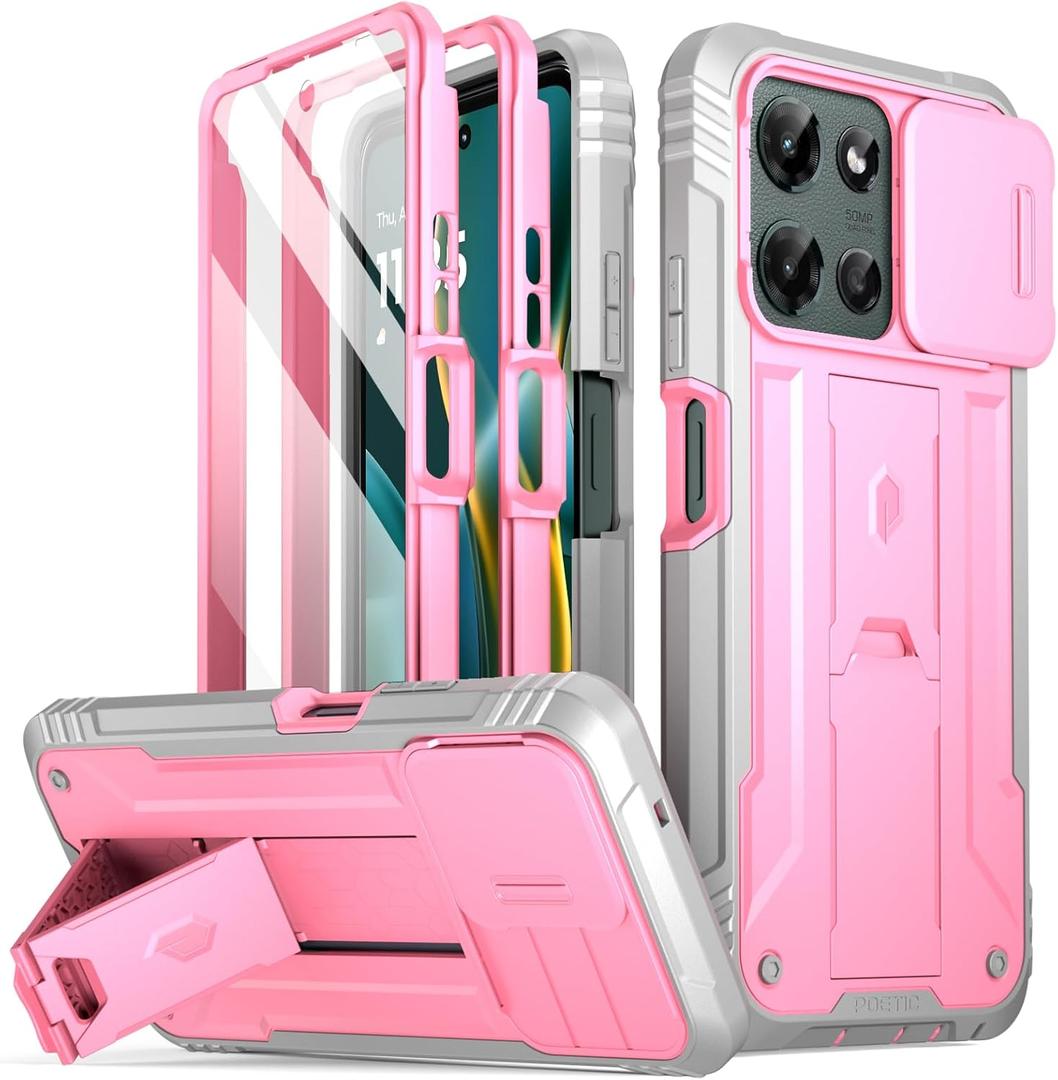 Poetic Revolution Case for Motorola Moto G 5G 2025, [Slide Camera Cover], Full-Body Military Grade Rugged Shockproof Cover with Kickstand and Built-in-Screen Protector, Pink